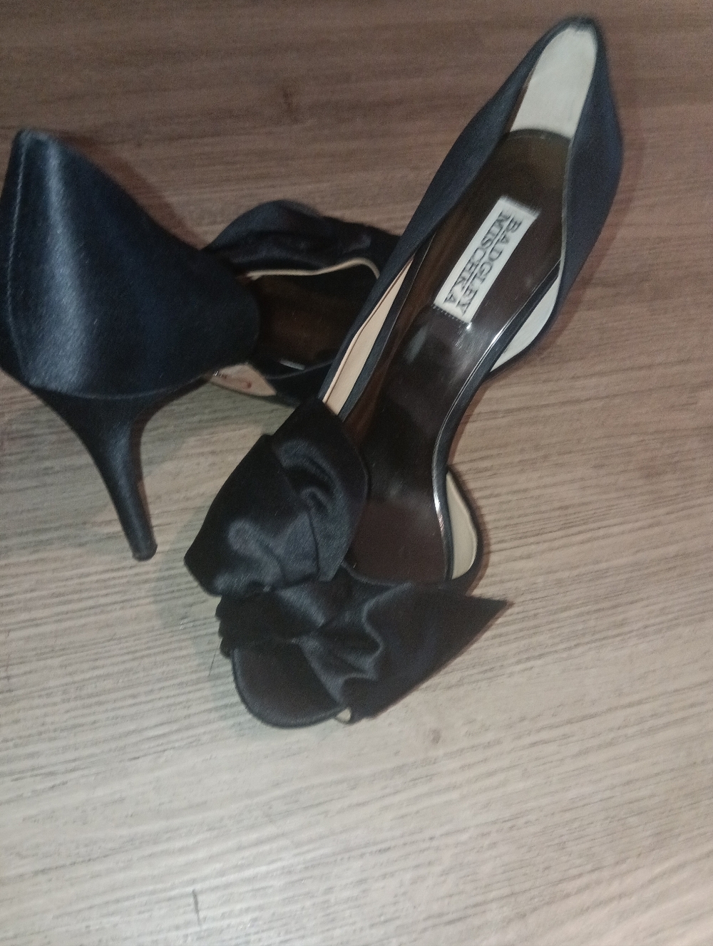 ​Badgley Mischka Black Satin Peep Toe Bow D'Orsay Pumps Size 8.5